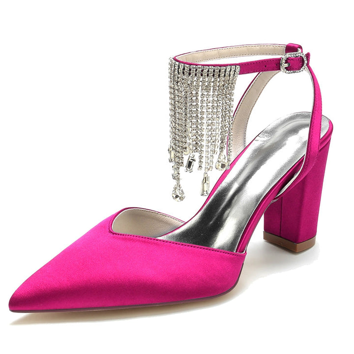 Women's Wedding Shoes Closed Toe Block Heel Buckle Bridal Shoes with Crystal & Tassels