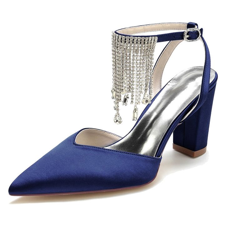 Women's Wedding Shoes Closed Toe Block Heel Buckle Bridal Shoes with Crystal & Tassels