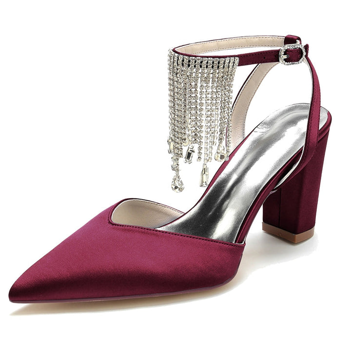 Women's Wedding Shoes Closed Toe Block Heel Buckle Bridal Shoes with Crystal & Tassels