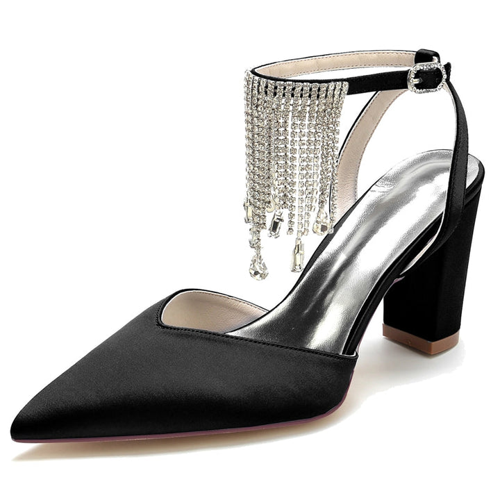Women's Wedding Shoes Closed Toe Block Heel Buckle Bridal Shoes with Crystal & Tassels