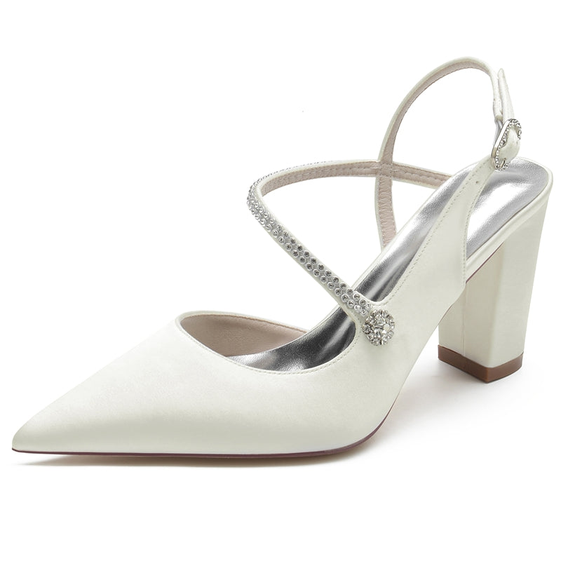 Women's Wedding Shoes Closed Toe Chunky Heel Crossed Straps Rhinestone Buckle Bridal Shoes