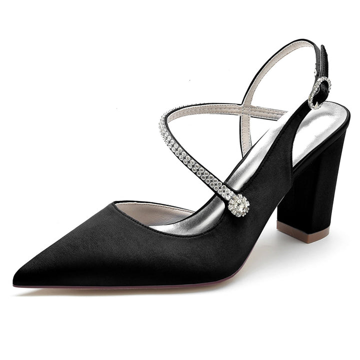 Women's Wedding Shoes Closed Toe Chunky Heel Crossed Straps Rhinestone Buckle Bridal Shoes