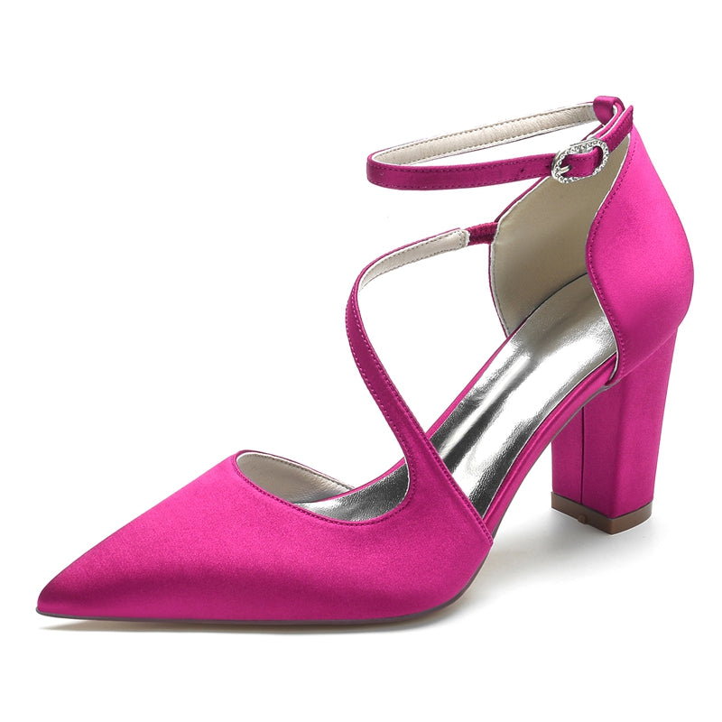 Women's Wedding Shoes Black Closed Toe Block Heel Crossed Straps Buckle Bridal Shoes