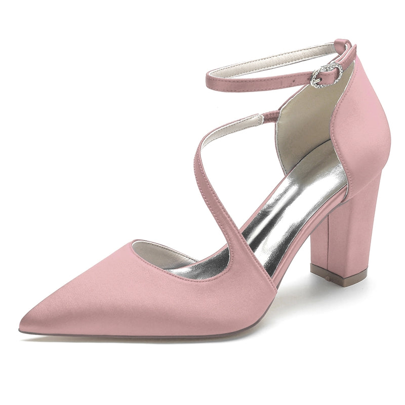 Women's Wedding Shoes Black Closed Toe Block Heel Crossed Straps Buckle Bridal Shoes