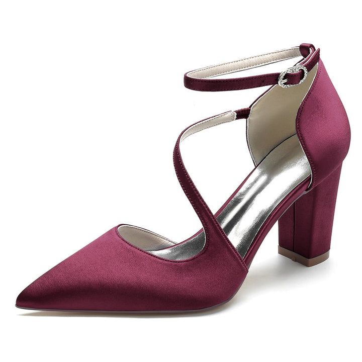 Women's Wedding Shoes Black Closed Toe Block Heel Crossed Straps Buckle Bridal Shoes
