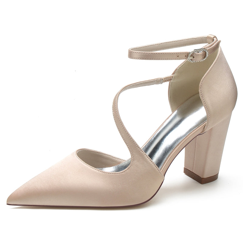 Women's Wedding Shoes Black Closed Toe Block Heel Crossed Straps Buckle Bridal Shoes