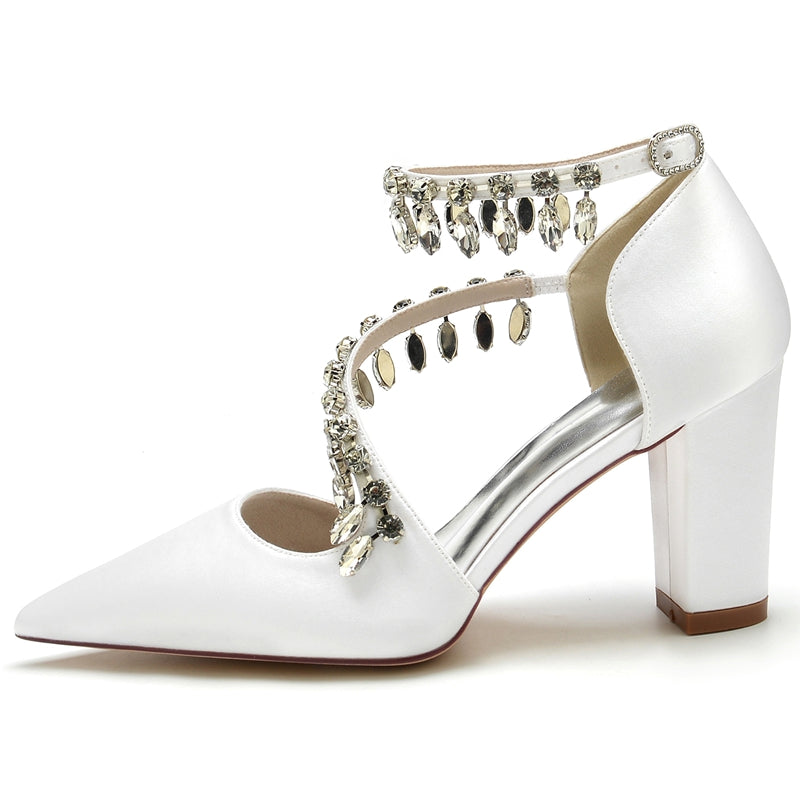 Women's Wedding Shoes Closed Toe Luxurious Crossed Straps Rhinestone Buckle Bridal Shoes