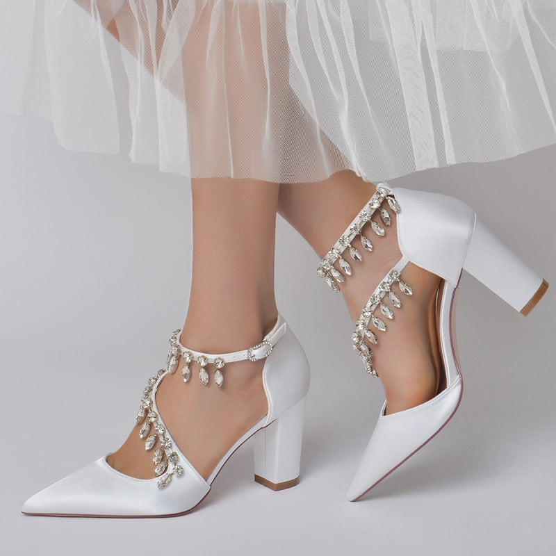Women's Wedding Shoes Closed Toe Luxurious Crossed Straps Rhinestone Buckle Bridal Shoes