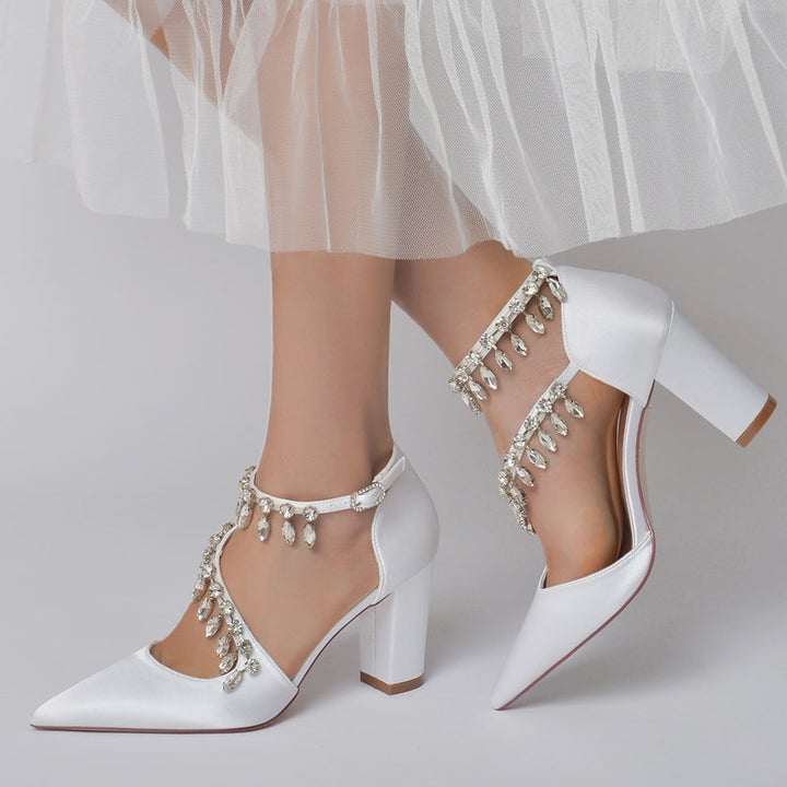 Women's Wedding Shoes Closed Toe Luxurious Crossed Straps Rhinestone Buckle Bridal Shoes