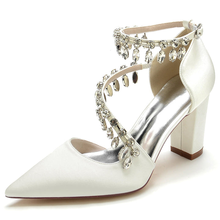 Women's Wedding Shoes Closed Toe Luxurious Crossed Straps Rhinestone Buckle Bridal Shoes