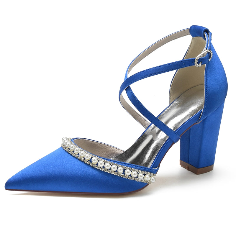 Women's Wedding Shoes Pointed Toe Chunky Heel Crossed Straps Bridal Shoes with Delicate Pearl