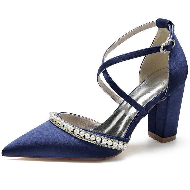 Women's Wedding Shoes Pointed Toe Chunky Heel Crossed Straps Bridal Shoes with Delicate Pearl