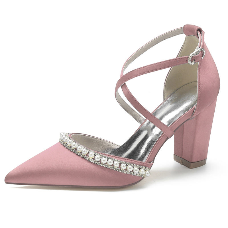 Women's Wedding Shoes Pointed Toe Chunky Heel Crossed Straps Bridal Shoes with Delicate Pearl