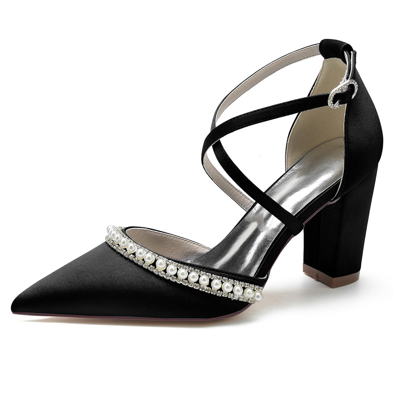 Women's Wedding Shoes Pointed Toe Chunky Heel Crossed Straps Bridal Shoes with Delicate Pearl