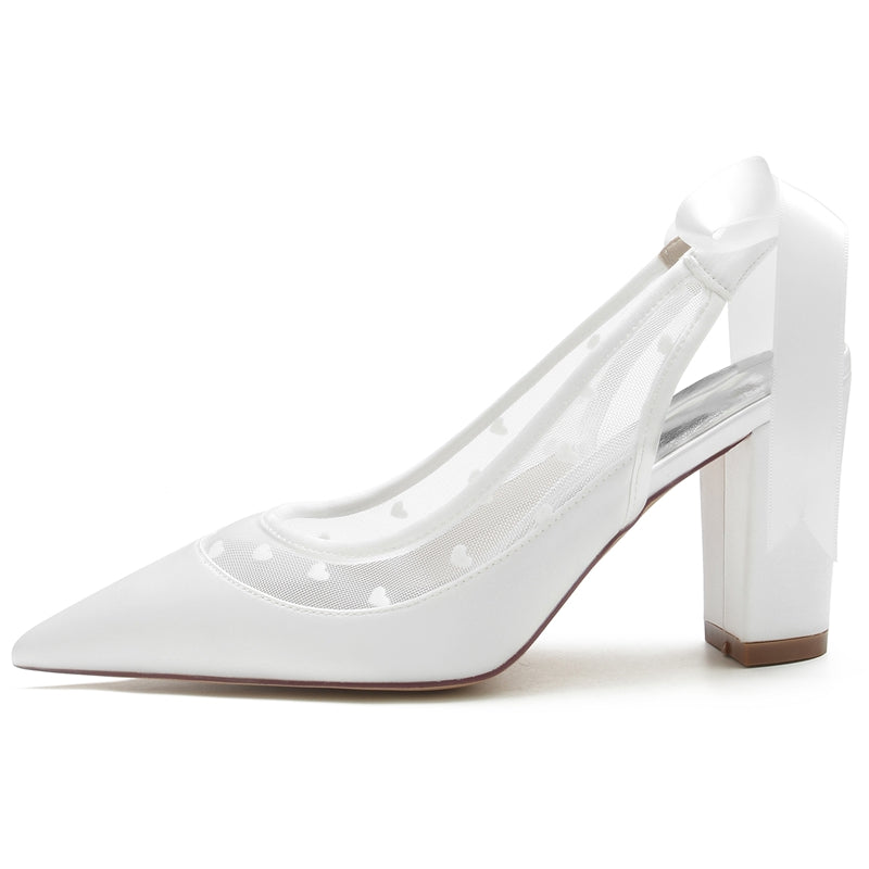 Women's Wedding Shoes Pointed Toe Block Heel Elegant Bridal Shoes with Printed Heart & Bow