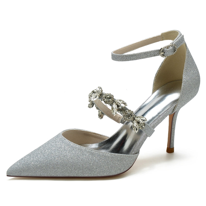 Women's Wedding Shoes Pointed Toe High Heel Elegant Buckle Bridal Shoes with Rhinestone Straps
