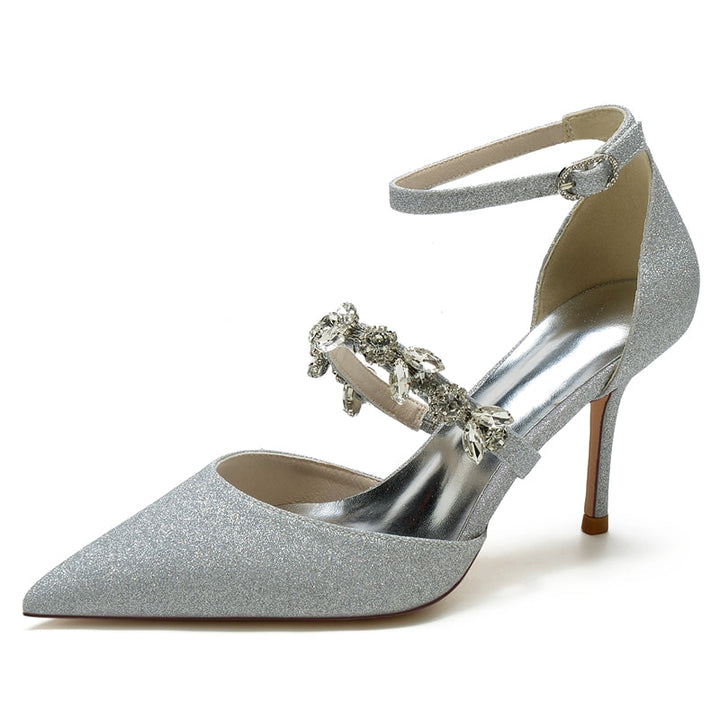 Women's Wedding Shoes Pointed Toe High Heel Elegant Buckle Bridal Shoes with Rhinestone Straps