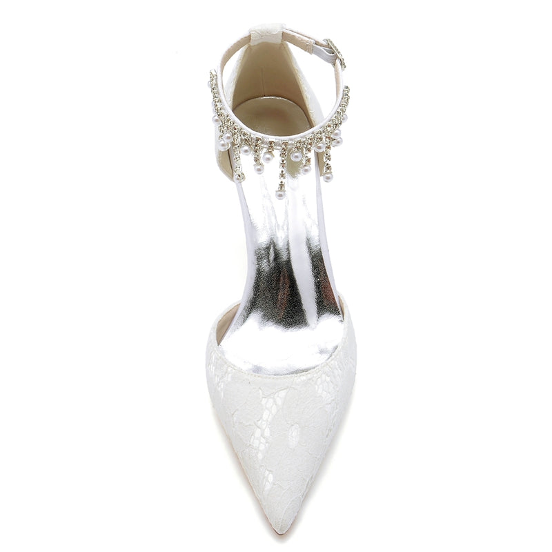 Women's Wedding Shoes Closed Toe Stiletto Heel Lace Buckle Bridal Shoes with Pearl Tassels
