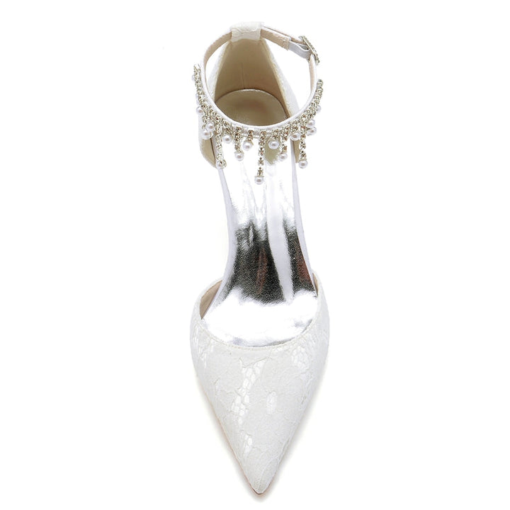 Women's Wedding Shoes Closed Toe Stiletto Heel Lace Buckle Bridal Shoes with Pearl Tassels