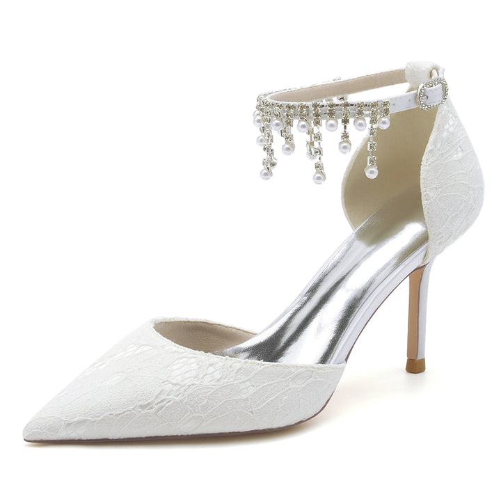 Women's Wedding Shoes Closed Toe Stiletto Heel Lace Buckle Bridal Shoes with Pearl Tassels