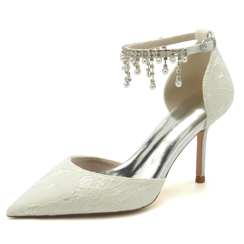 Women's Wedding Shoes Closed Toe Stiletto Heel Lace Buckle Bridal Shoes with Pearl Tassels