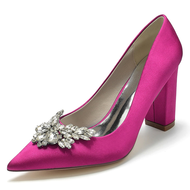 Women's Wedding Shoes Pointed Toe Chunky Heel Elegant Bridal Shoes with Rhinestone