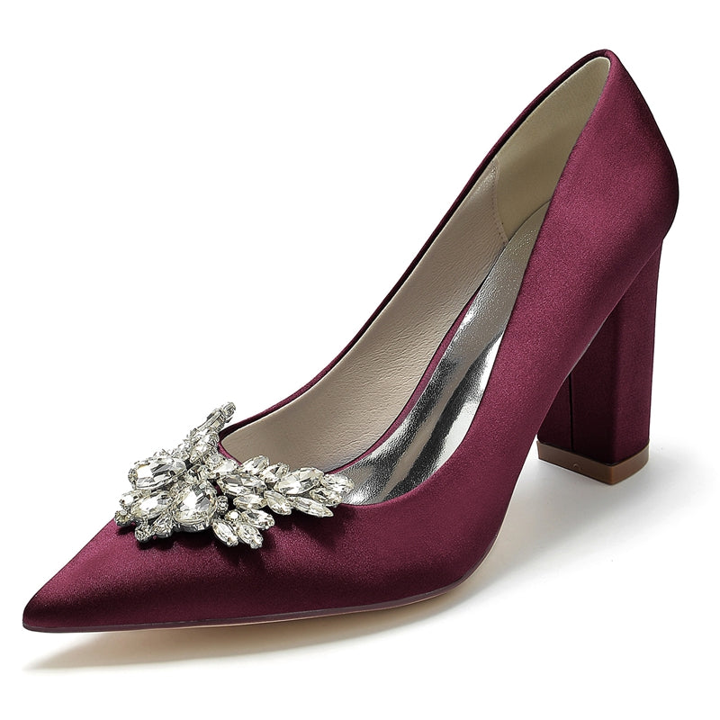 Women's Wedding Shoes Pointed Toe Chunky Heel Elegant Bridal Shoes with Rhinestone