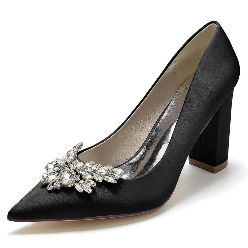 Women's Wedding Shoes Pointed Toe Chunky Heel Elegant Bridal Shoes with Rhinestone