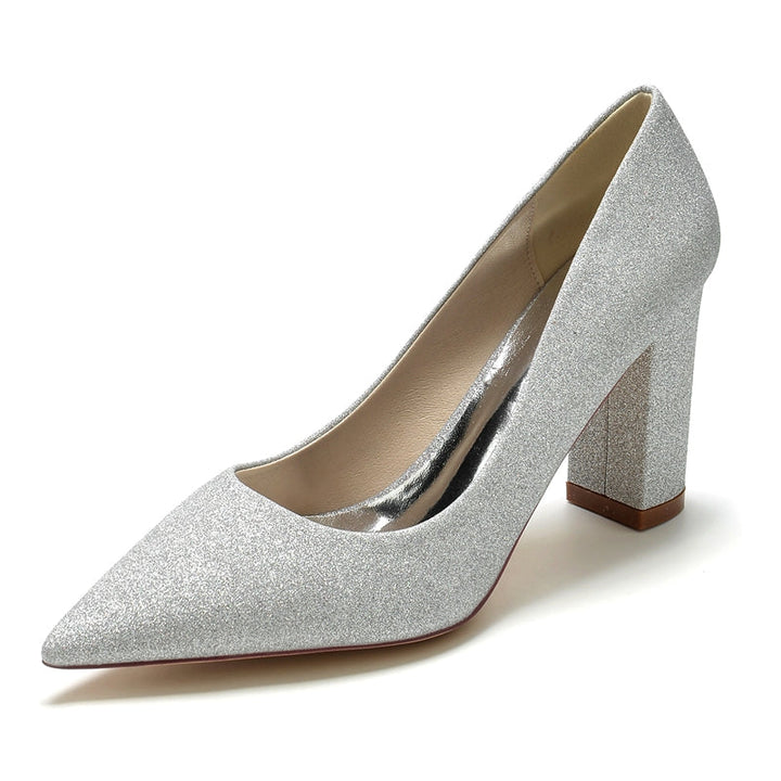 Women's Wedding Shoes Silver Pointed Toe Block Heel Minimalist Bridal Shoes