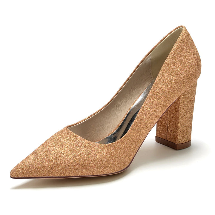 Women's Wedding Shoes Silver Pointed Toe Block Heel Minimalist Bridal Shoes