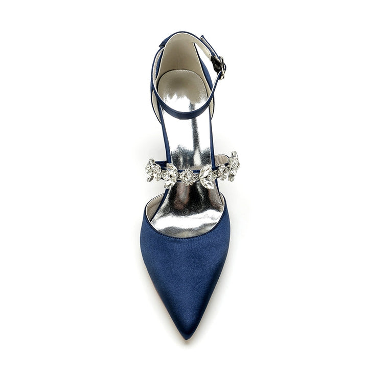 Women's Wedding Shoes Pointed Toe Chunky Heel Silk Satin Buckle Bridal Shoes with Rhinestone