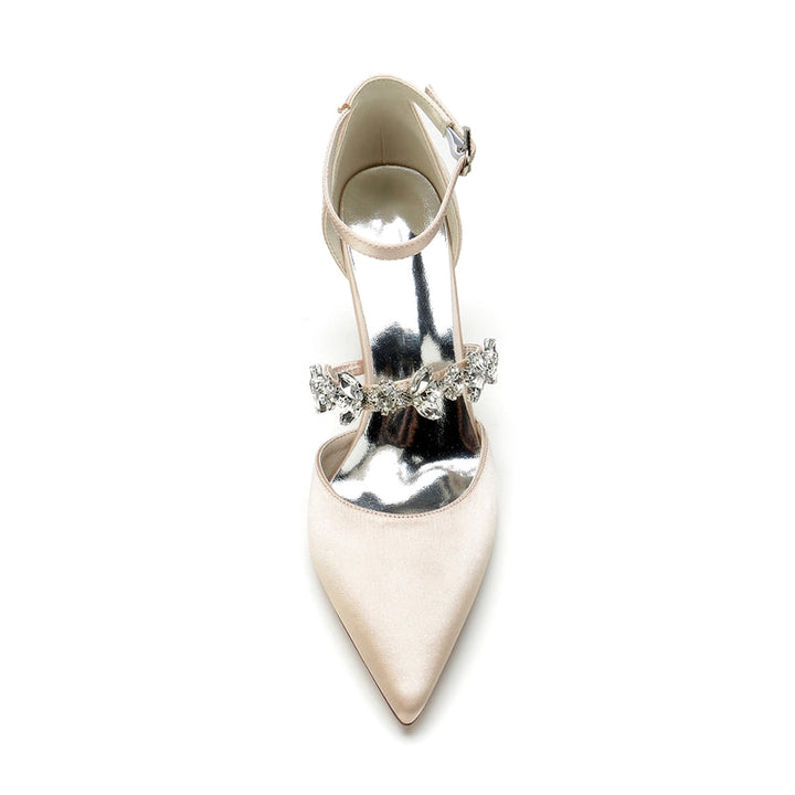 Women's Wedding Shoes Pointed Toe Chunky Heel Silk Satin Buckle Bridal Shoes with Rhinestone