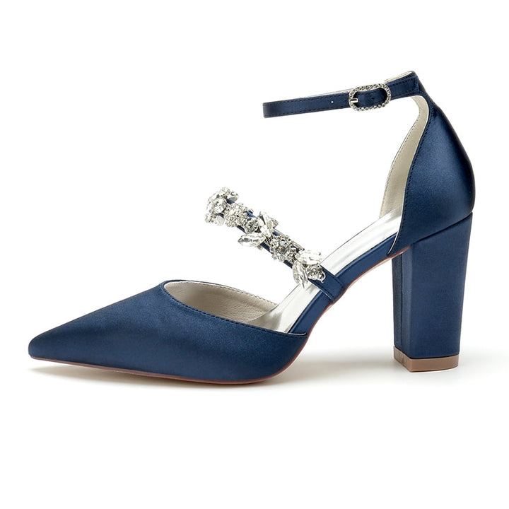 Women's Wedding Shoes Pointed Toe Chunky Heel Silk Satin Buckle Bridal Shoes with Rhinestone