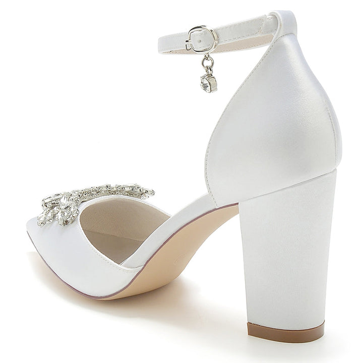 Women's Wedding Shoes Closed Toe Chunky Heel Buckle Bridal Shoes with Rhinestone