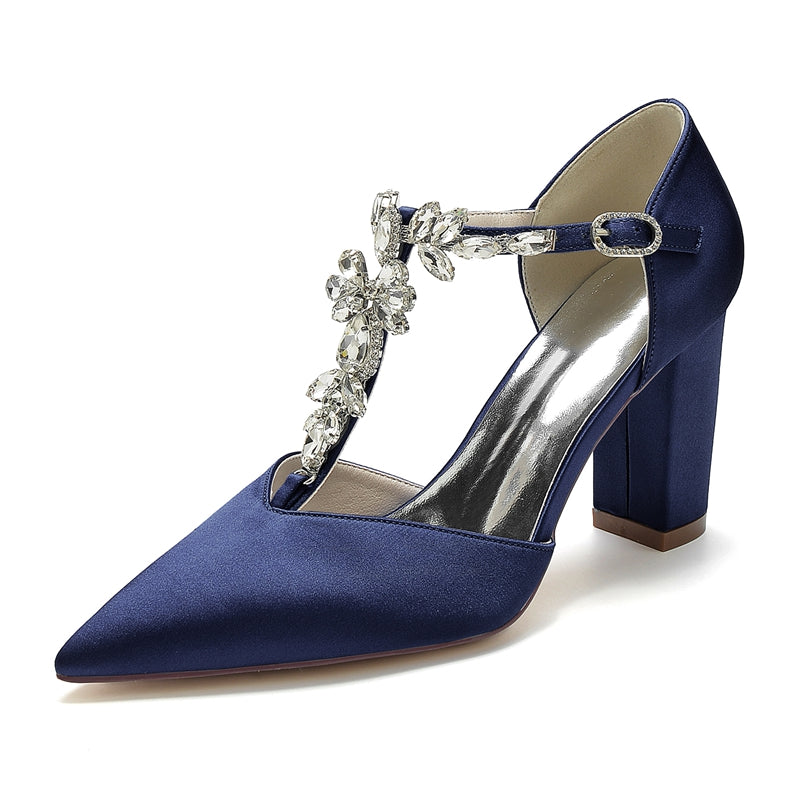 Women's Wedding Shoes Pointed Toe High Heel Stylish Buckle Bridal Shoes with Rhinestone Strap