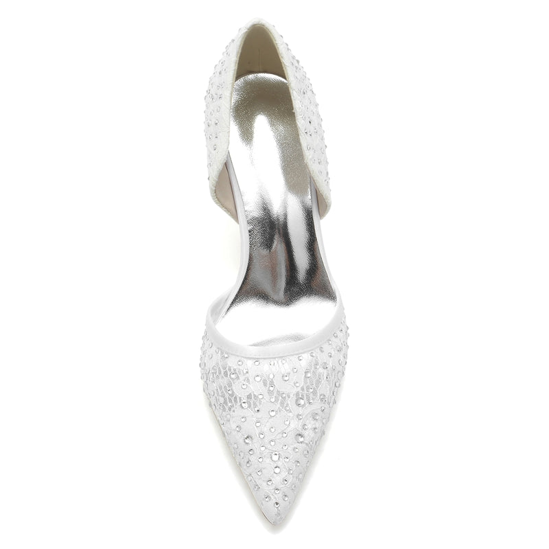 Women's Wedding Shoes Pointed Toe High Stiletto Heel Lace Bridal Shoes with Crystal