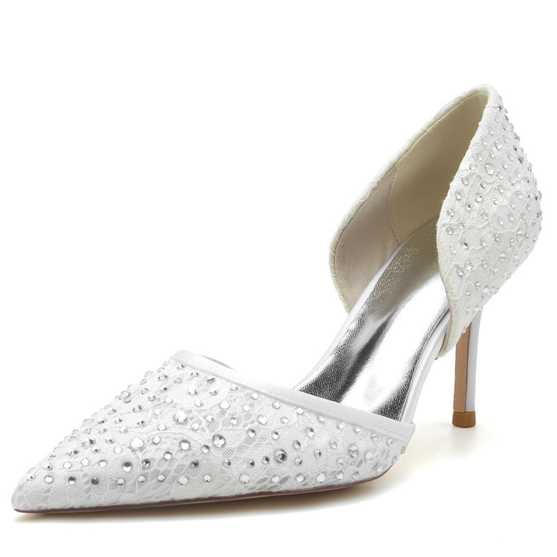 Women's Wedding Shoes Pointed Toe High Stiletto Heel Lace Bridal Shoes with Crystal