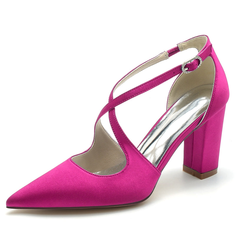 Women's Wedding Shoes Pointed Toe Block Heel Chic Bridal Shoes with Crossed Strap