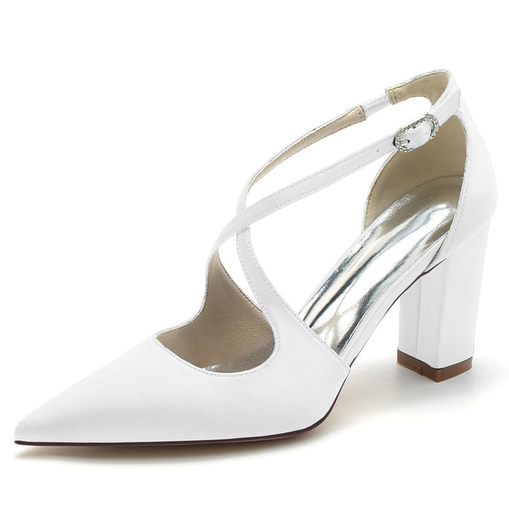Women's Wedding Shoes Pointed Toe Block Heel Chic Bridal Shoes with Crossed Strap