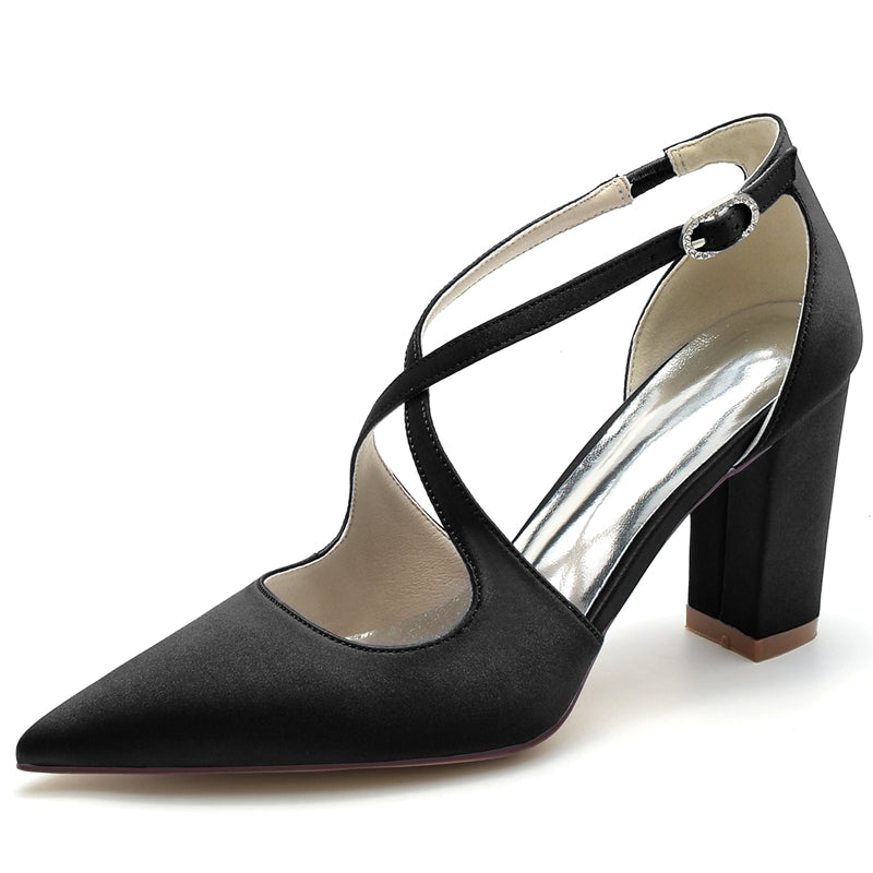 Women's Wedding Shoes Pointed Toe Block Heel Chic Bridal Shoes with Crossed Strap