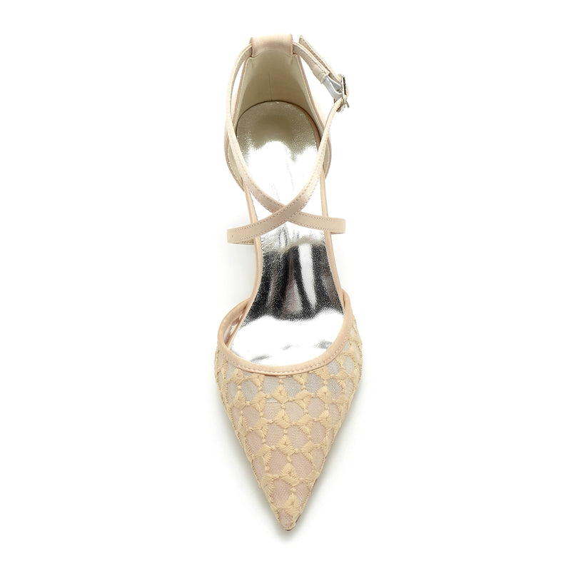Women's Wedding Shoes Pointed Toe Exquisite Knit Bridal Shoes with Crossed Strap