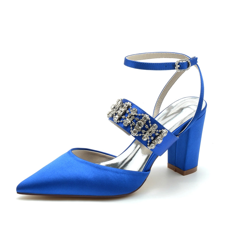 Women's Wedding Shoes Pointed Toe Block Heel Luxury Buckle Bridal Shoes with Rhinestone Chain