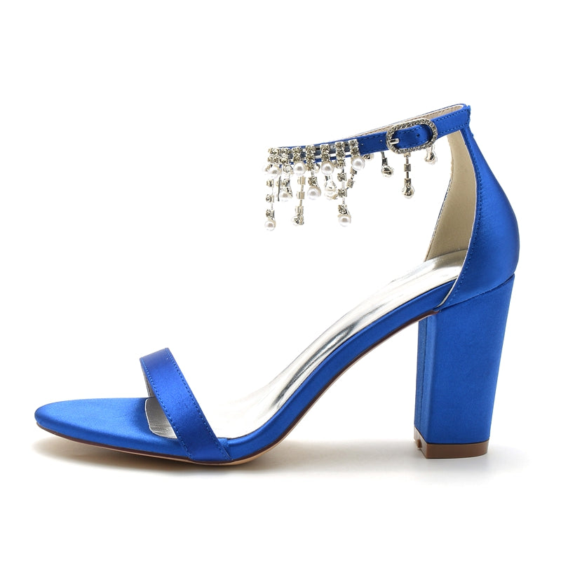 Women's Wedding Shoes Opened Toe Square Block Heel Elegant Pearl Tassel Buckle Bridal Shoes