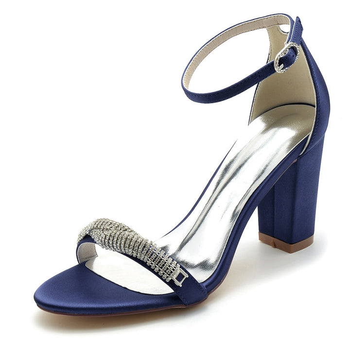Women's Wedding Shoes Opened Toe Block Heel Chic Mini Rhinestone Buckle Bridal Shoes