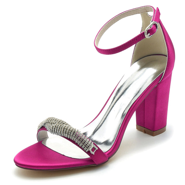Women's Wedding Shoes Opened Toe Block Heel Chic Mini Rhinestone Buckle Bridal Shoes