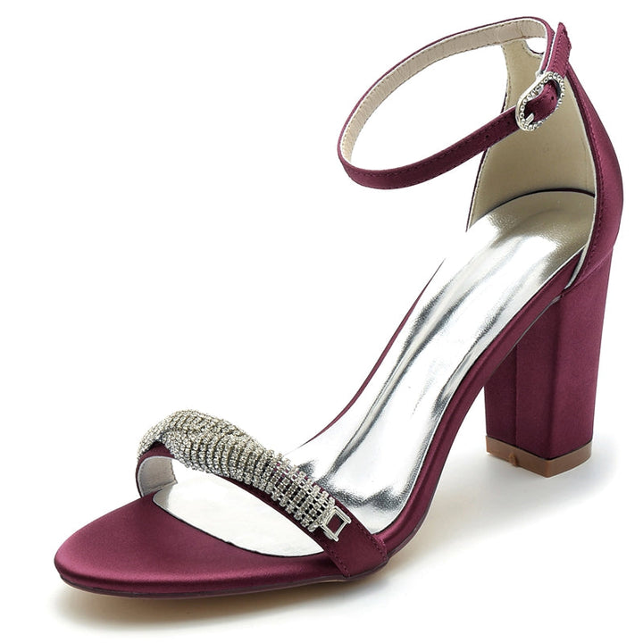 Women's Wedding Shoes Opened Toe Block Heel Chic Mini Rhinestone Buckle Bridal Shoes