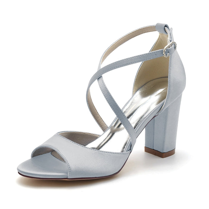 Women's Wedding Shoes Opened Toe Block Heel Crossed Straps Buckle Bridal Shoes