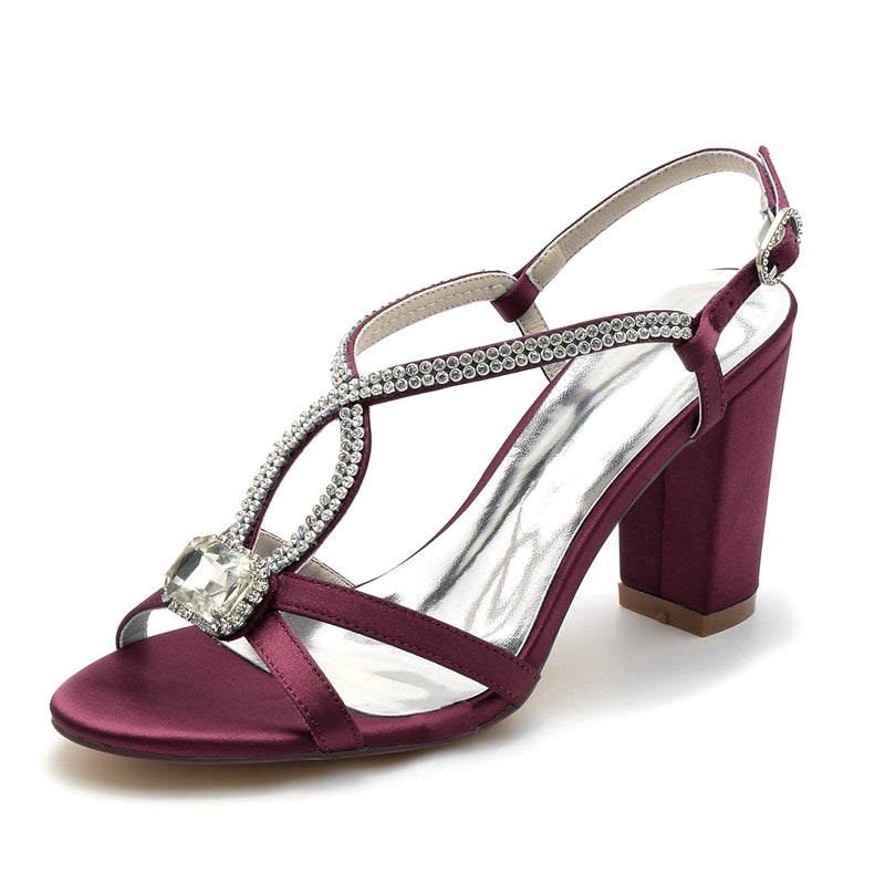 Women's Wedding Shoes Opened Toe Chunky Heel Elegant Buckle Bridal Shoes with Rhinestone