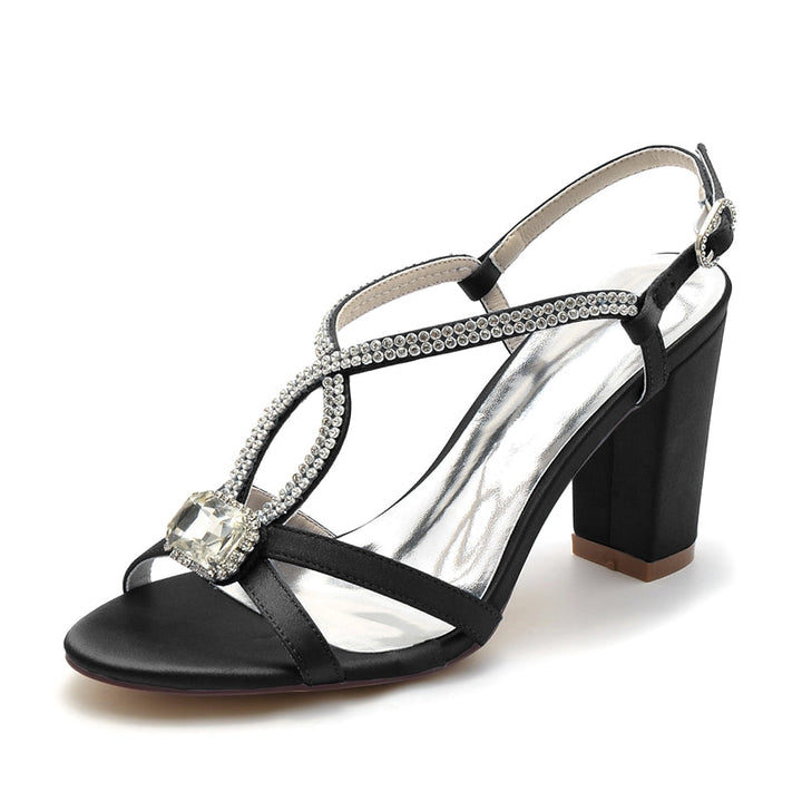 Women's Wedding Shoes Opened Toe Chunky Heel Elegant Buckle Bridal Shoes with Rhinestone