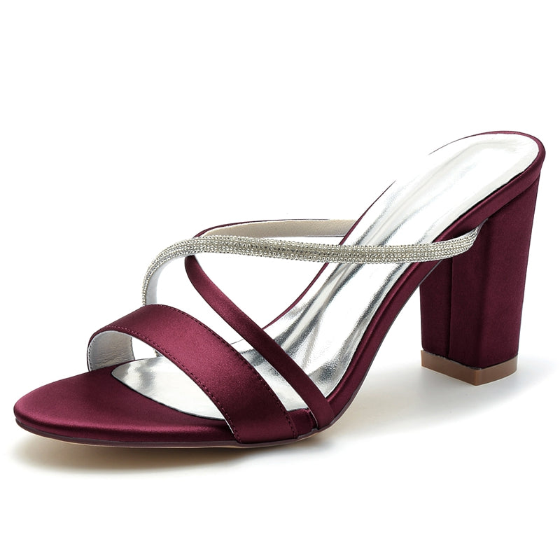 Women's Wedding Shoes Opened Toe Chunky Heel Asymmetrical Straps Slip-On Bridal Shoes